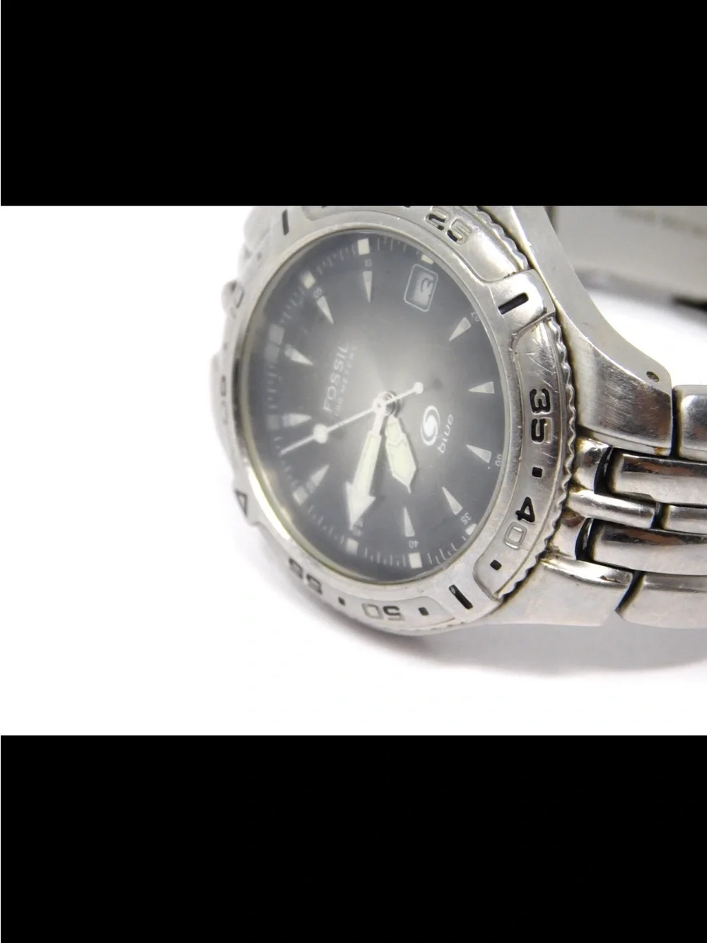 Fossil Blue Mens Watch AM-3624 Vintage Luminous Stainless Steel Black Dial 100m